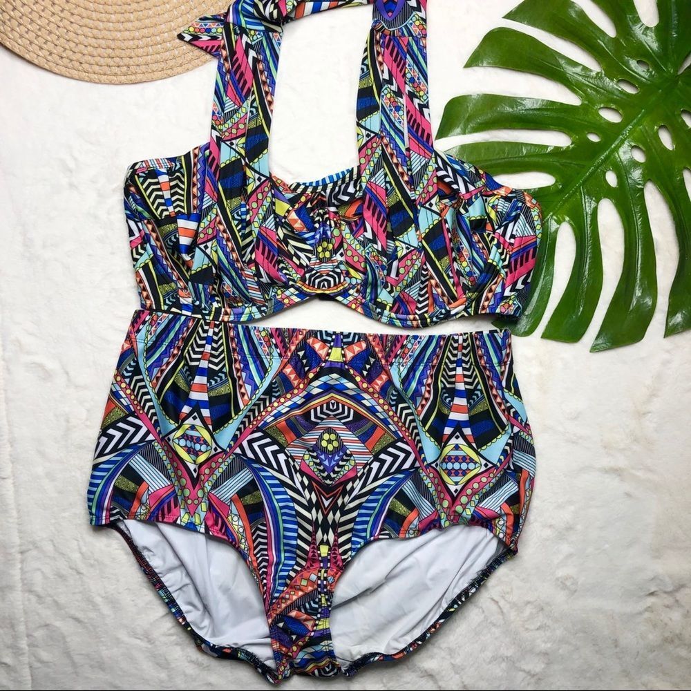 Multicolor Geometric High-Waist Women's Swimsuit